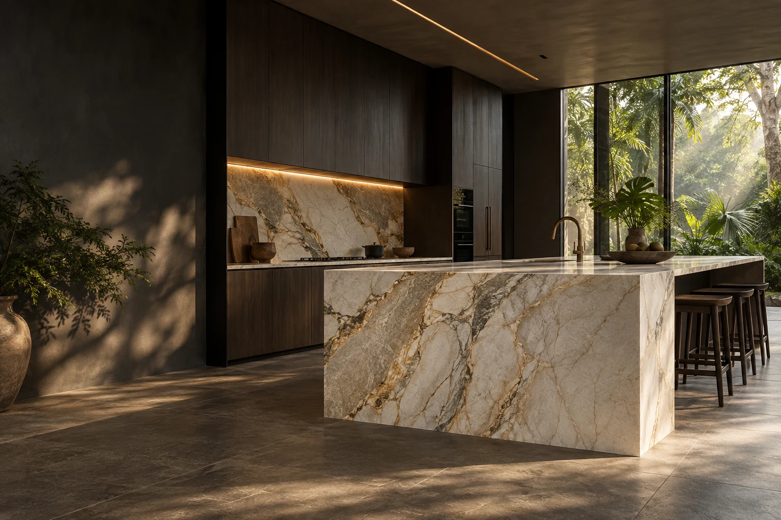 Inspiração de cozinha contemporânea com ilha em pedra clara e marcenaria escura